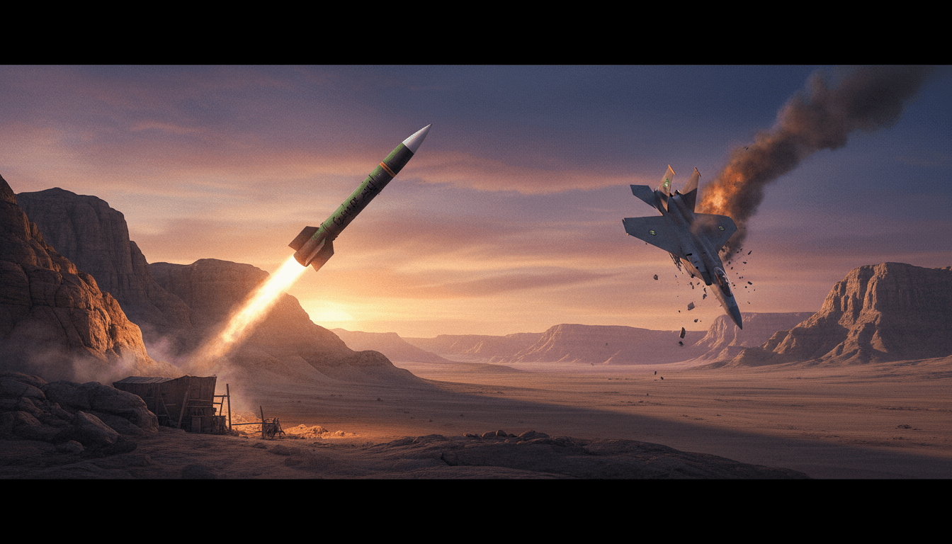 Houthi missile launch with a claimed downed Saudi F-15 jet in the desert.