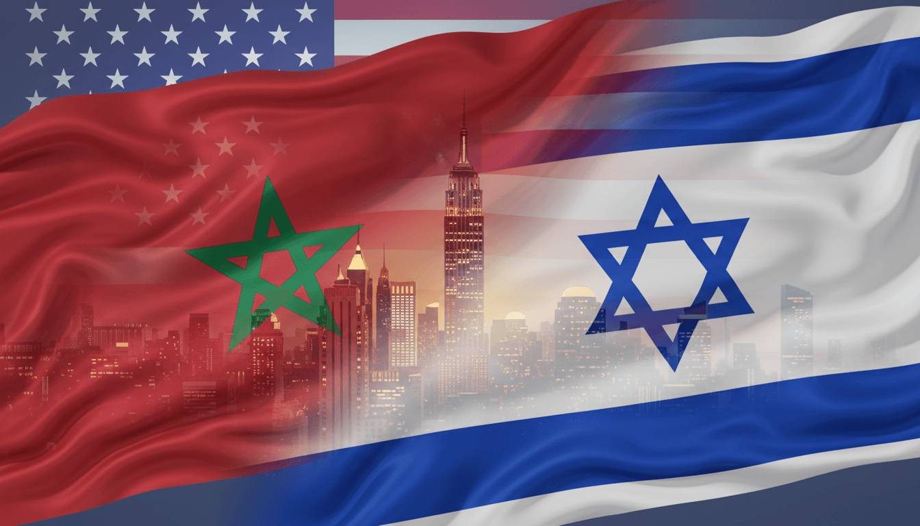 Flags of Morocco and Israel with New York City skyline, representing upgraded diplomatic relations.