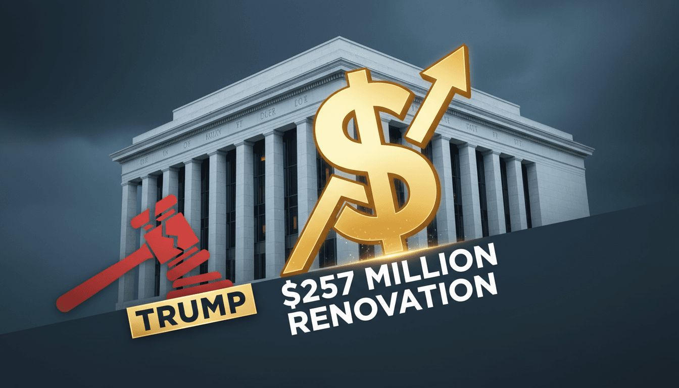 A visual of the Kennedy Center with a dollar sign, highlighting the $257 million renovation budget.