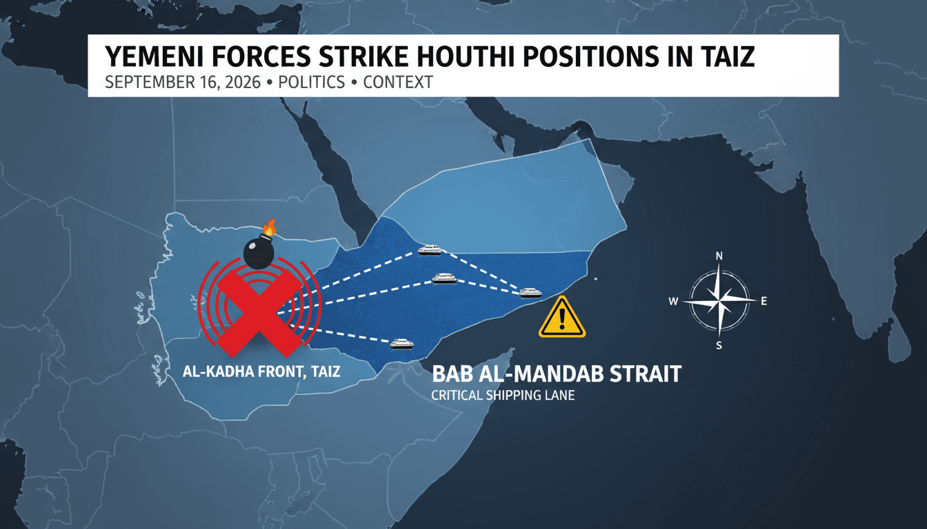 Map highlighting Bab al-Mandab strait and recent Yemeni airstrikes on Houthi positions.