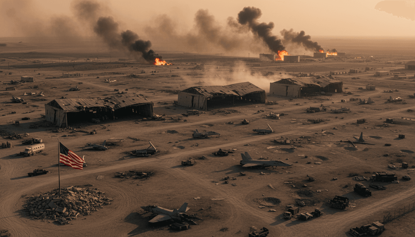 Aerial view of damaged US military installations in the Middle East following Iranian missile and drone strikes.