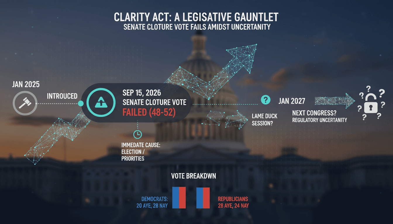 A visual representation of the CLARITY Act's legislative timeline and key vote statistics.