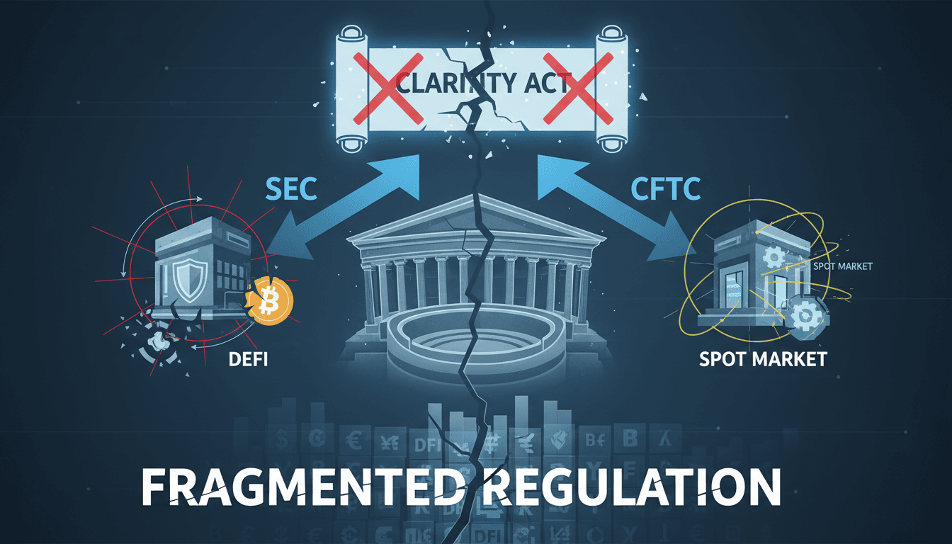 Infographic showing the shift of regulatory authority from the Senate to the SEC and CFTC after the CLARITY Act failure.