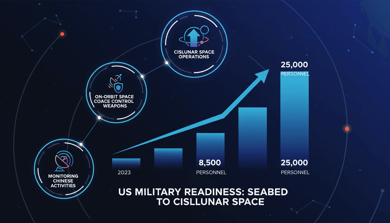 Infographic illustrating US military readiness in cislunar space and projected growth of Space Force personnel.
