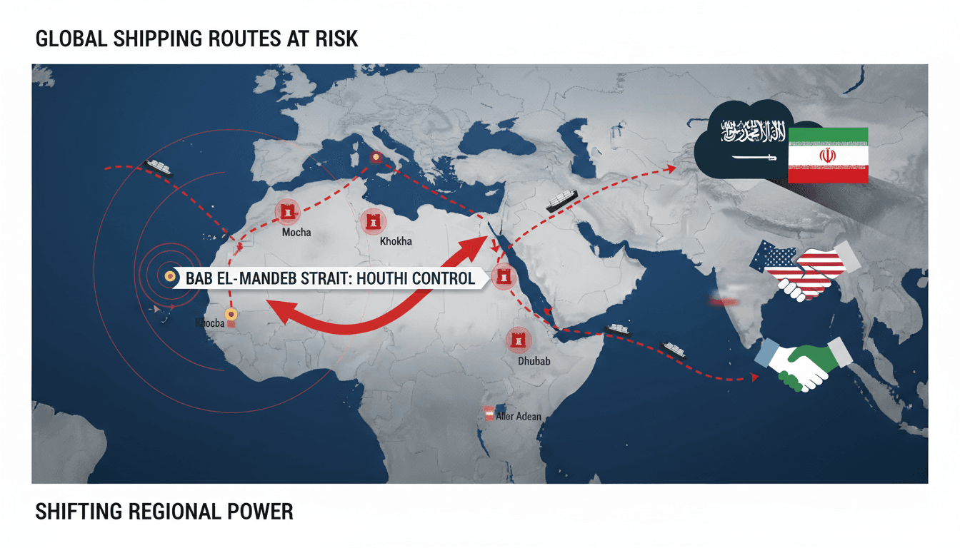 Map showing Houthi positions around Bab el-Mandeb Strait and implications for global shipping and oil prices.
