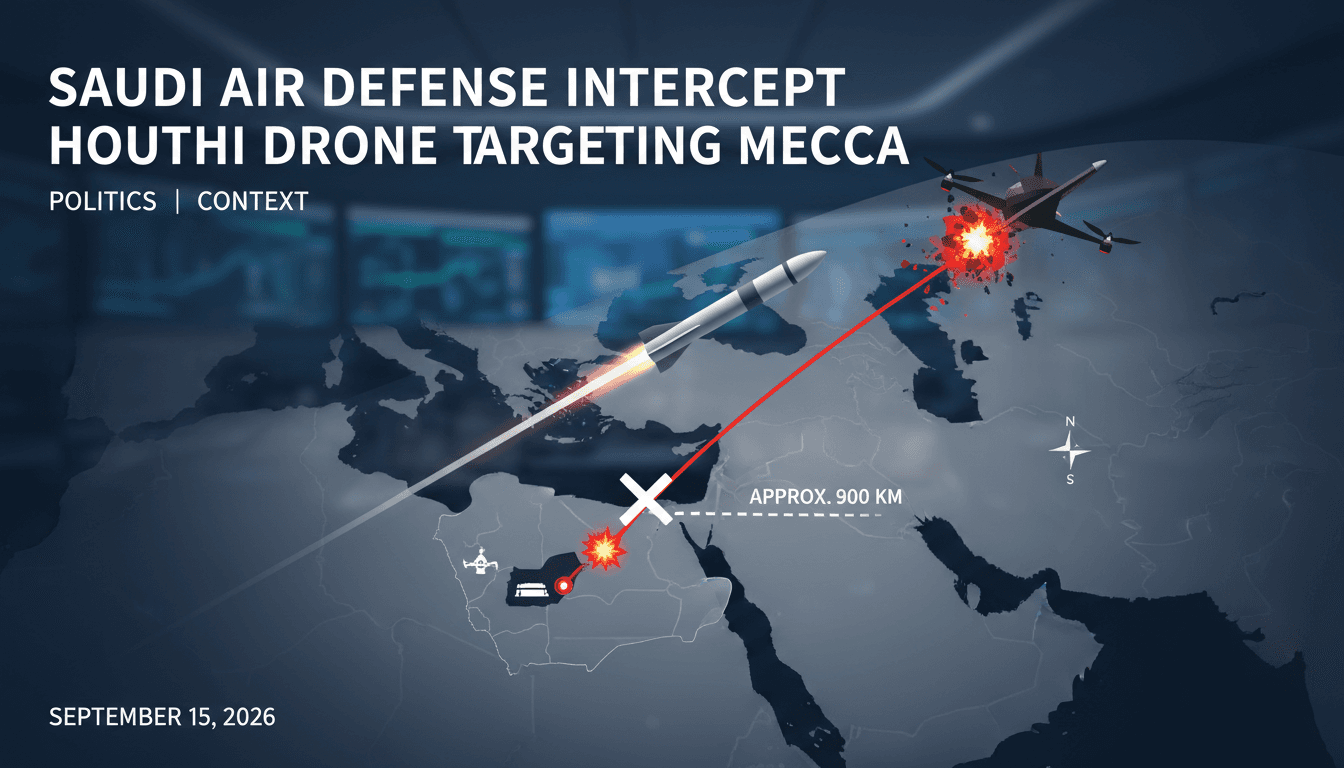 A map showing the interception of a Houthi drone near Mecca, highlighting regional security concerns.