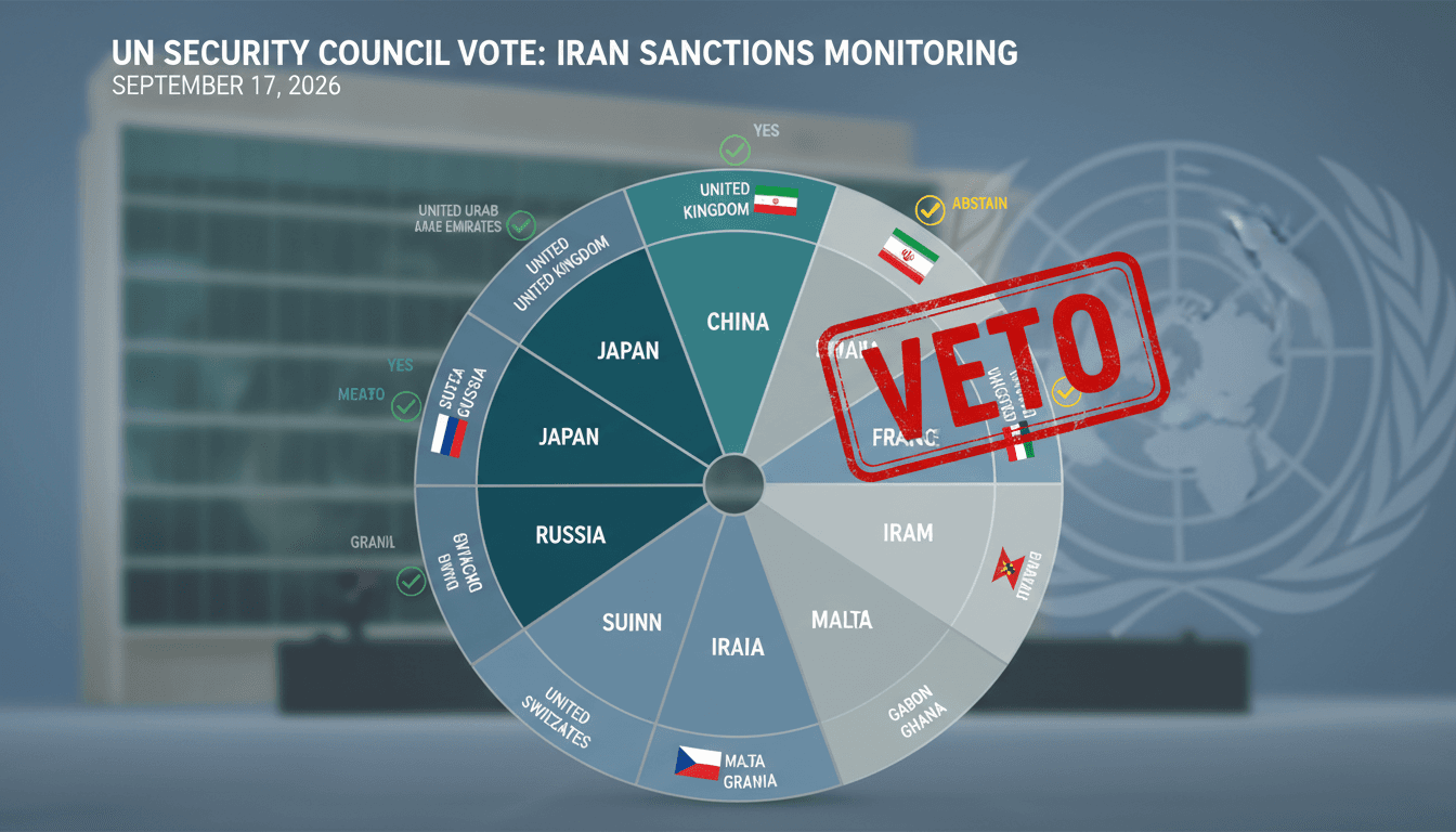 Infographic showing the UN Security Council vote on Iran sanctions, highlighting the veto by Russia and China.