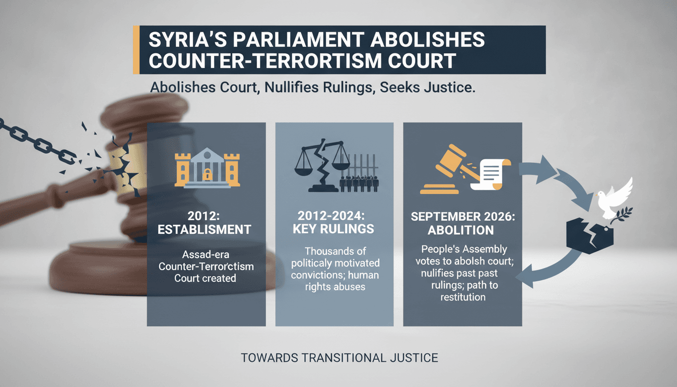 Infographic showing the timeline of Syria's counter-terrorism court and recent legislative changes.
