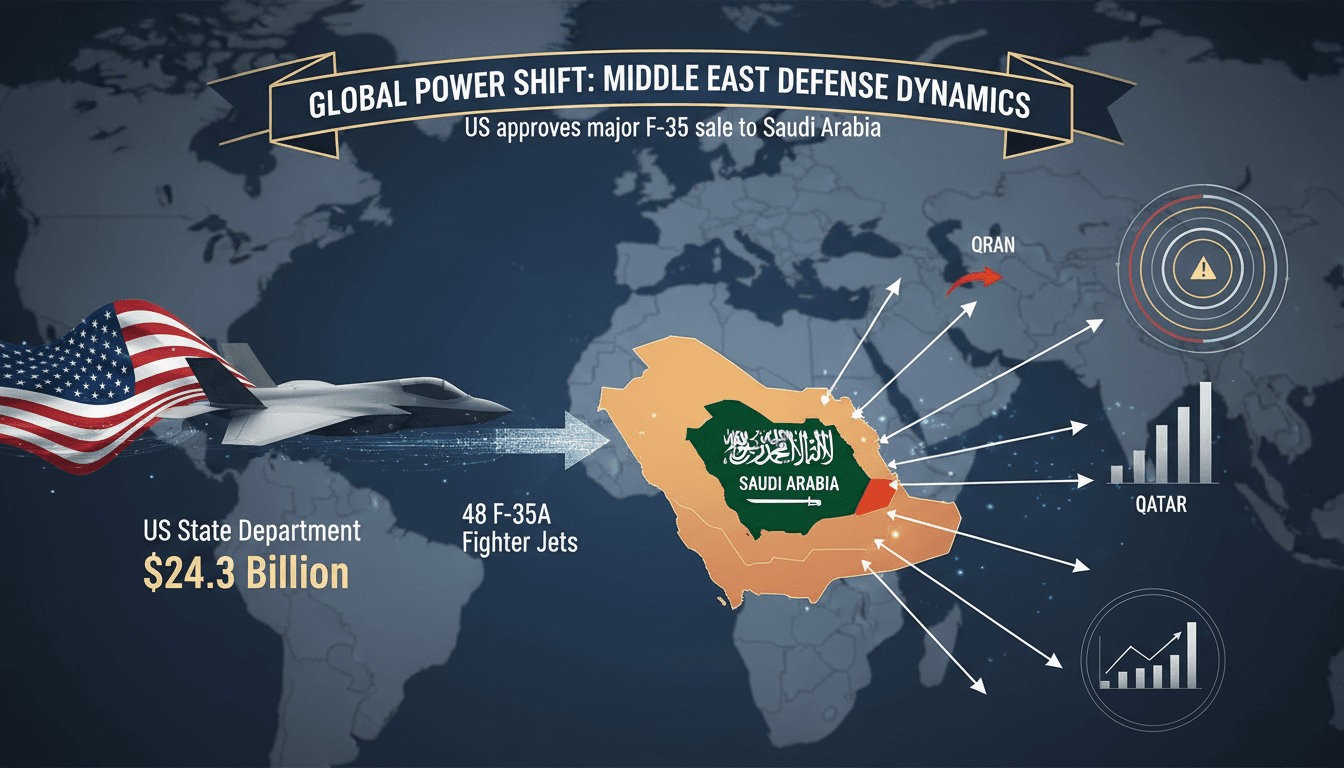 Infographic showing the $24.3 billion F-35A sale to Saudi Arabia and its impact on regional defense dynamics.