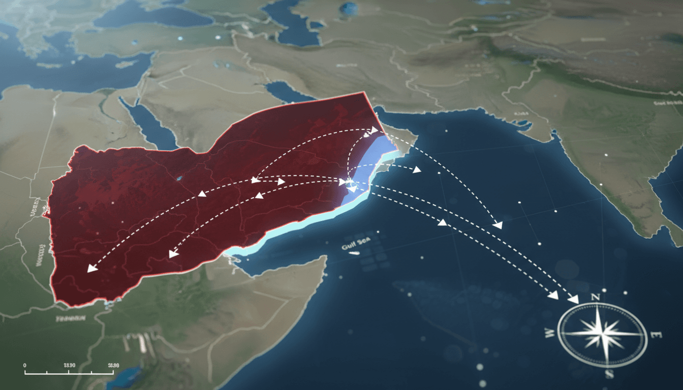 Map of Bab Al Mandeb Strait showing shipping routes and Houthi territorial gains.