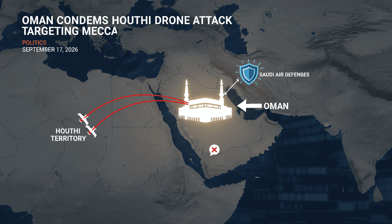 Map highlighting Mecca and the recent Houthi drone threat, emphasizing regional security concerns.