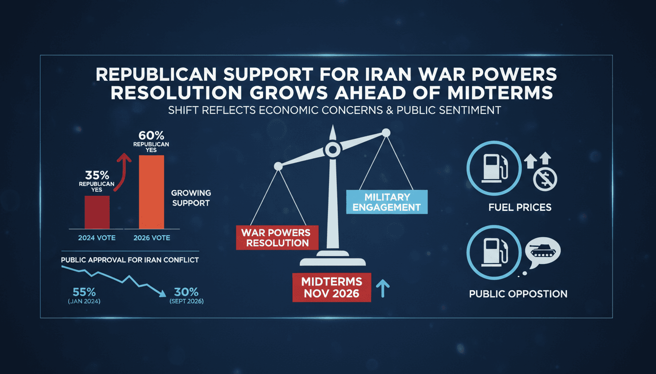 Infographic showing Republican defections on Iran war powers resolutions and public opinion trends.