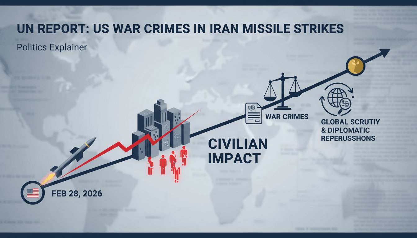 Infographic showing timeline and impact of US missile strikes in Iran, highlighting civilian casualties and UN report findings.