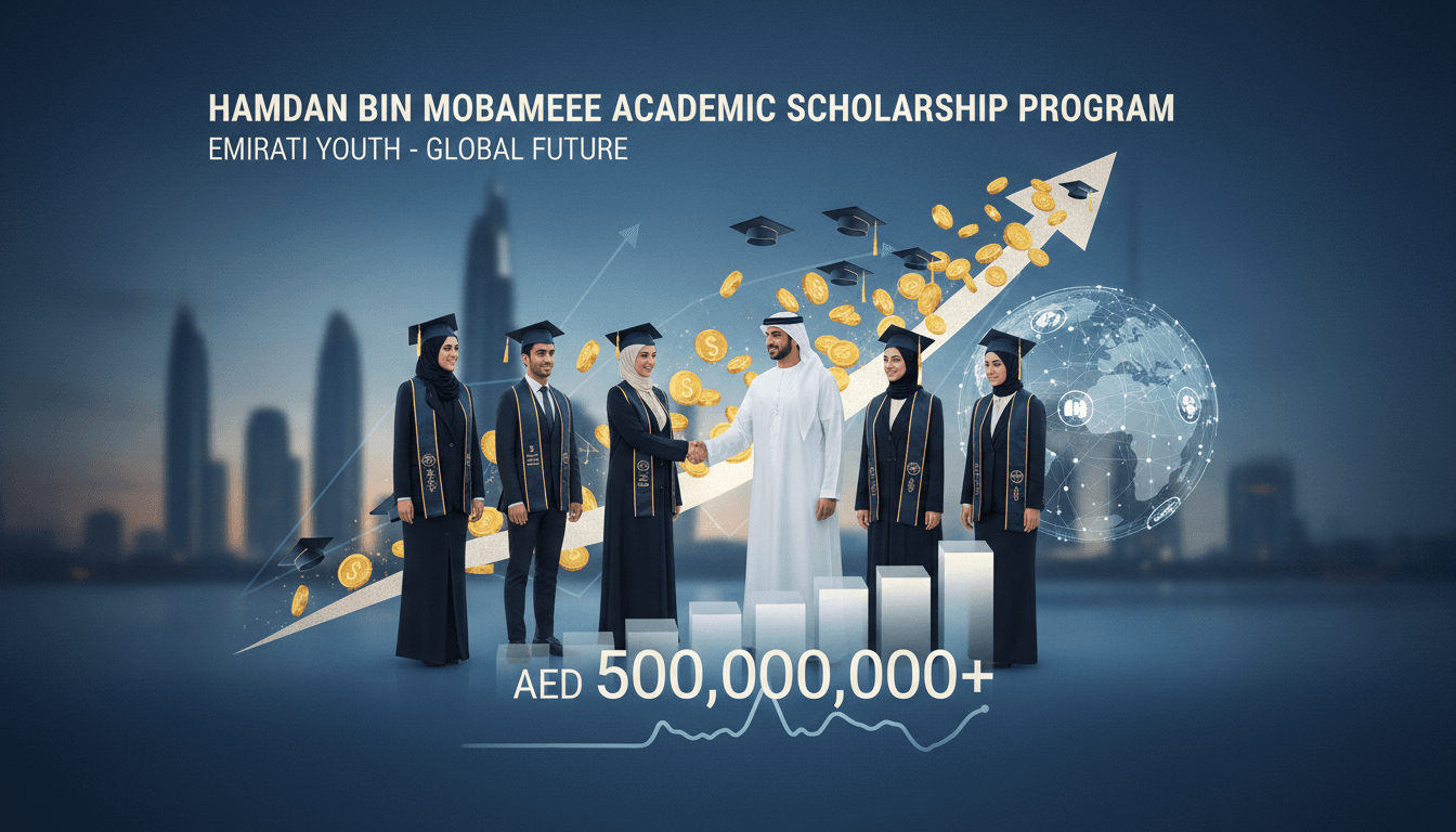 Sheikh Hamdan bin Mohammed with scholarship graduates in Dubai, showcasing commitment to education and Emirati talent development.