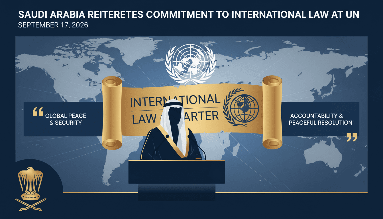 Saudi Arabia's commitment to international law at the UN Security Council, highlighting peace and civilian protection efforts.