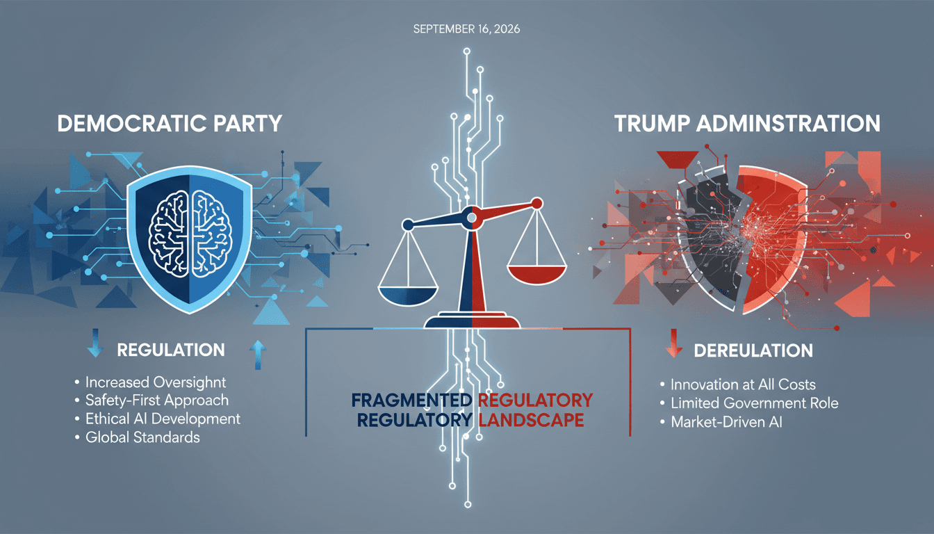 Infographic showing contrasting AI regulatory approaches of U.S. political parties, highlighting key policies and implications.