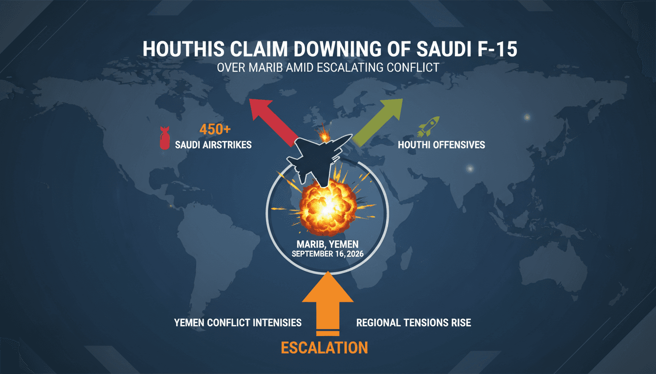 Infographic depicting the recent Houthi claim of downing a Saudi F-15 fighter jet in Yemen's escalating conflict.