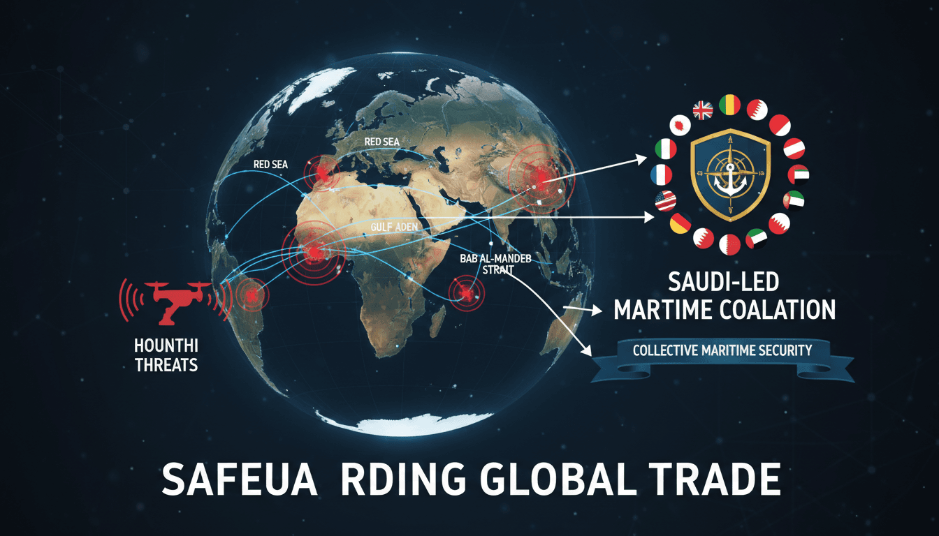 A map showing maritime routes in the Red Sea and Bab al-Mandab Strait, highlighting Saudi Arabia's call for international maritime security.