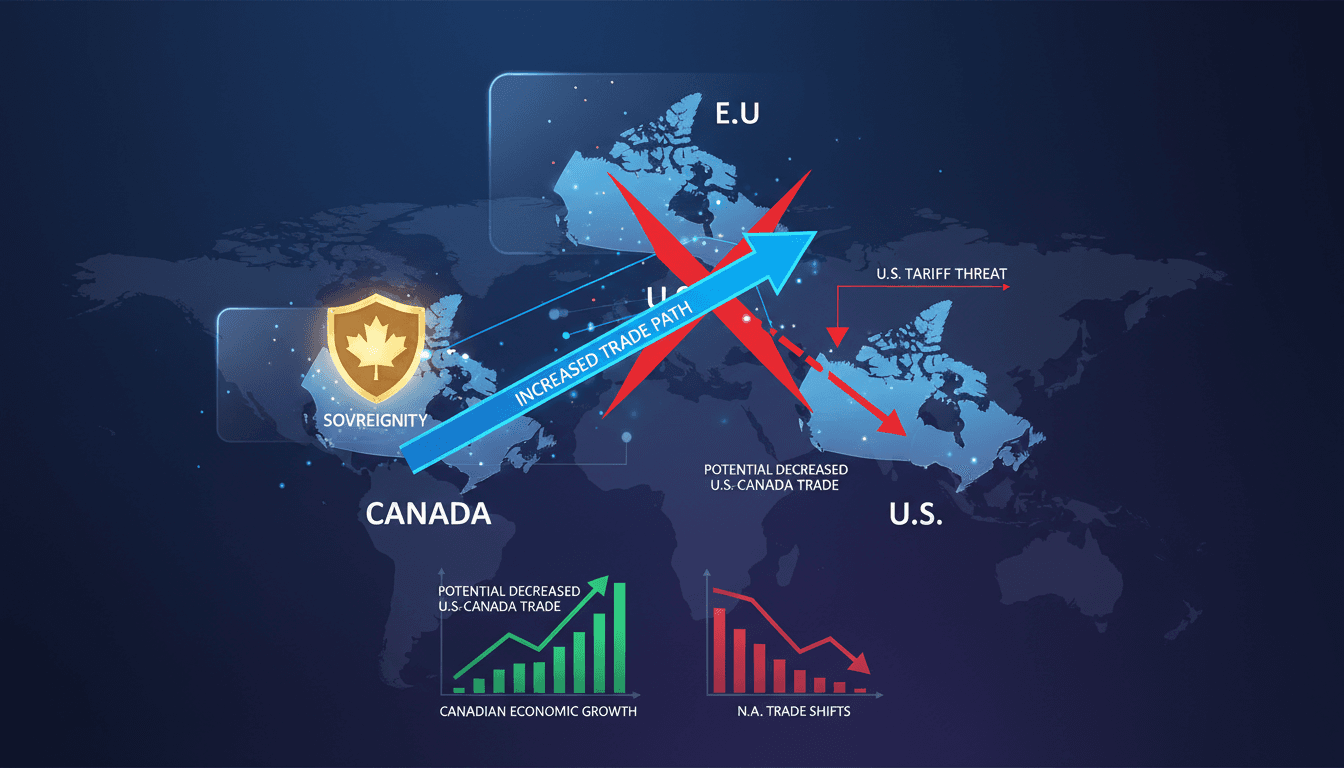 Infographic showing trade flow changes between Canada, the U.S., and the EU, highlighting economic impacts.