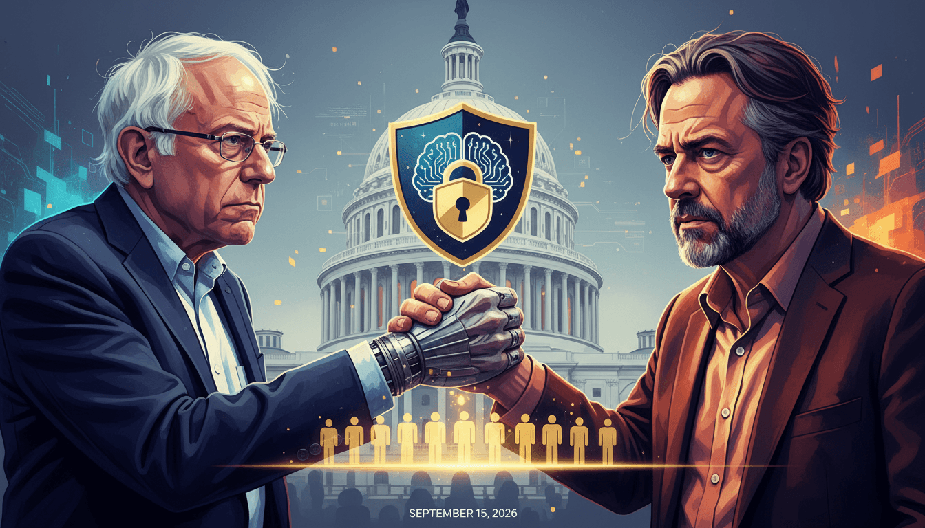 A visual representation of Sanders and Bannon advocating for AI regulation, symbolizing their unexpected partnership.