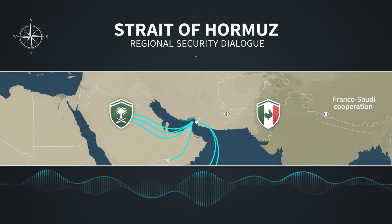 A map highlighting the Strait of Hormuz and maritime routes discussed by Saudi Crown Prince and French President.