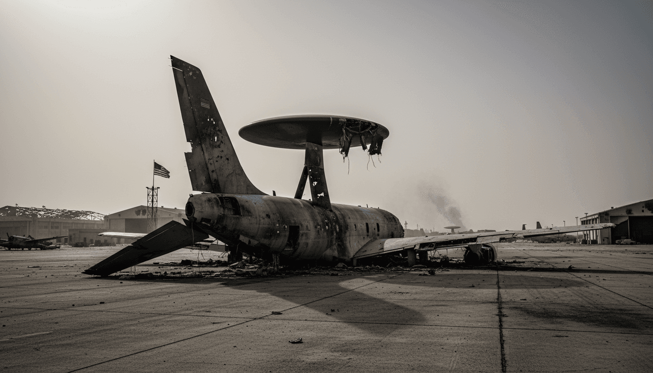 Damaged E-3 Sentry aircraft at Prince Sultan Air Base, illustrating the impact of Iranian strikes on US military sites.