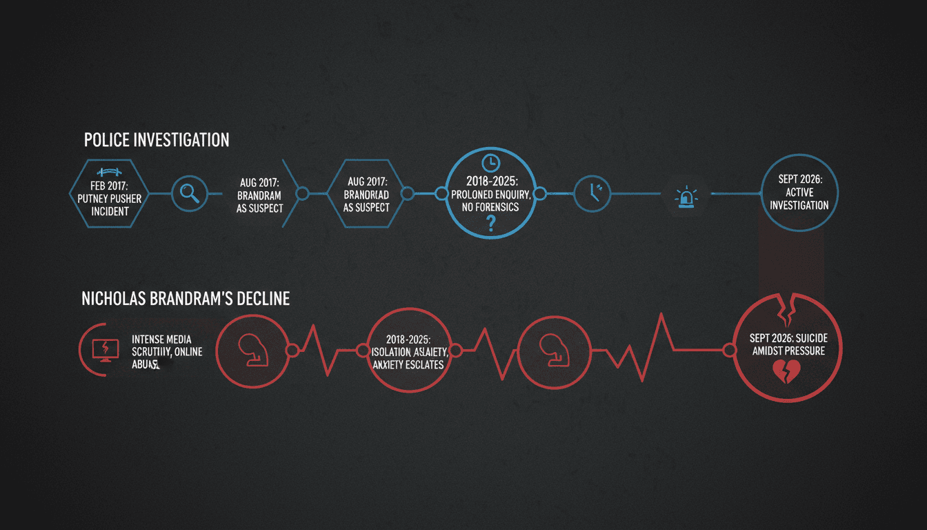 A timeline of Nicholas Brandram's case, highlighting key events and mental health implications.