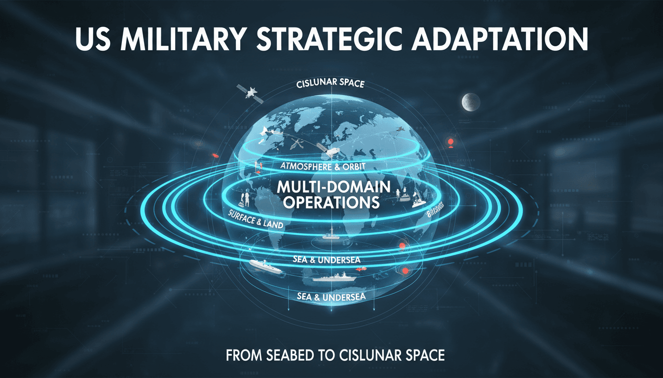 Infographic showing US military expansion from seabed to cislunar space, highlighting strategic areas and global implications.