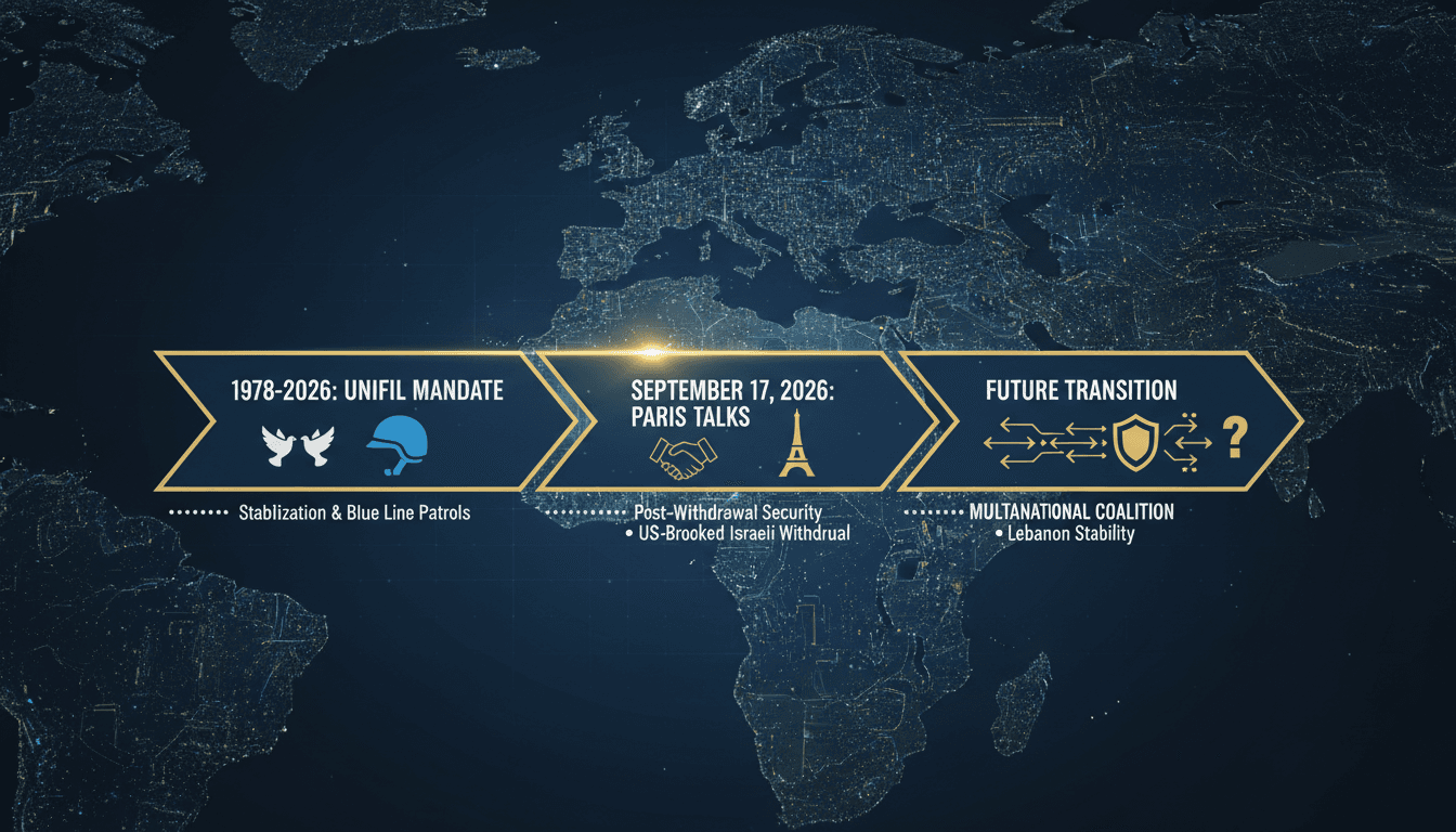 A graphic illustrating the timeline of UNIFIL's mandate and upcoming security changes in Lebanon.