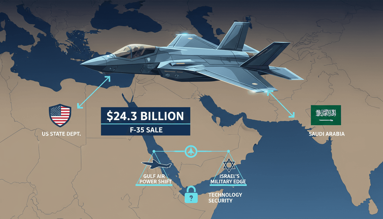 Infographic detailing the $24.3 billion F-35 sale to Saudi Arabia, including key players and regional implications.