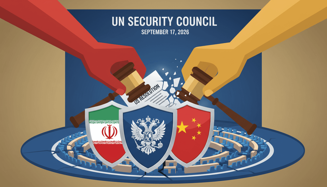 A graphic showing Iran, Russia, and China strengthening alliances against US sanctions at the UN.