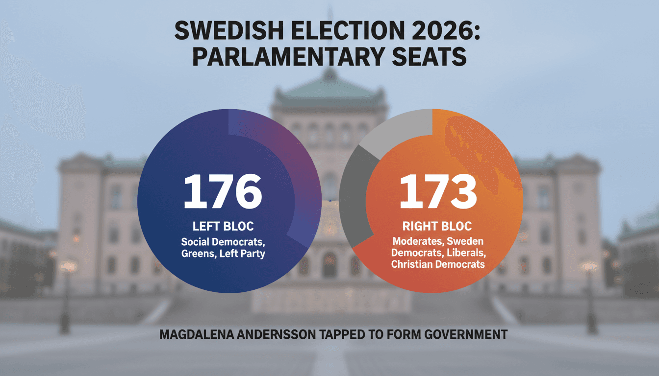 A graphic showing the Riksdag seats distribution after Sweden's election, highlighting the left-wing bloc's majority.