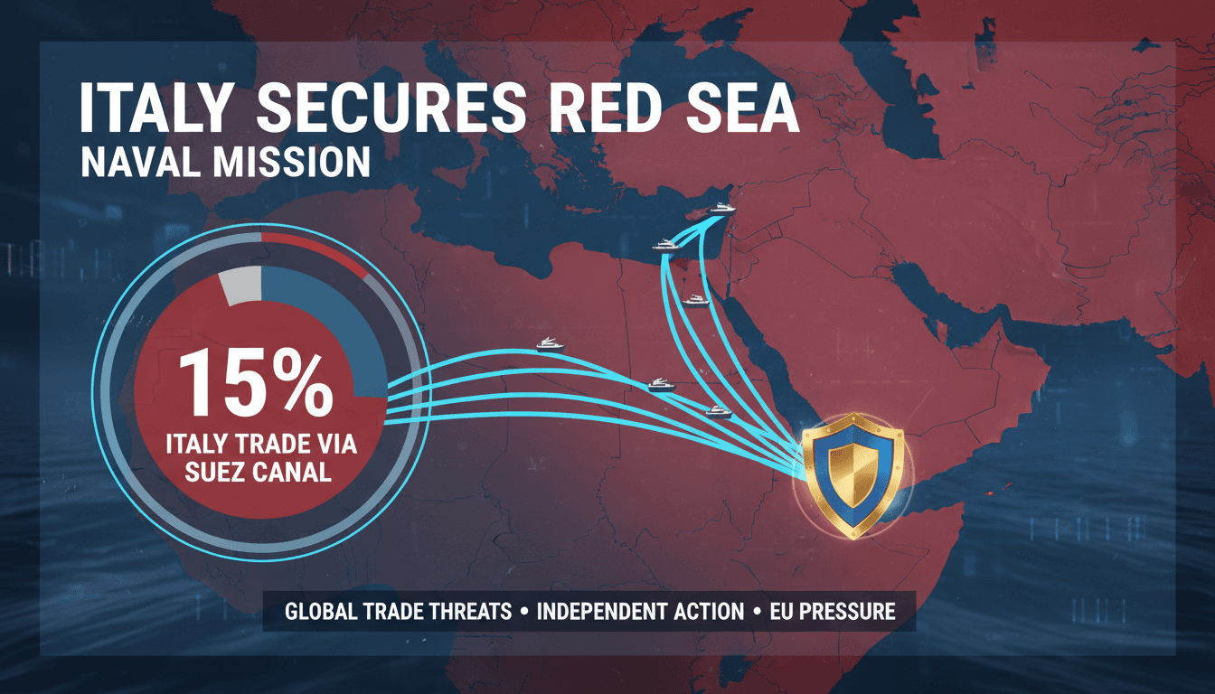 Map highlighting Italy's naval mission in the Red Sea and trade routes through the Suez Canal.