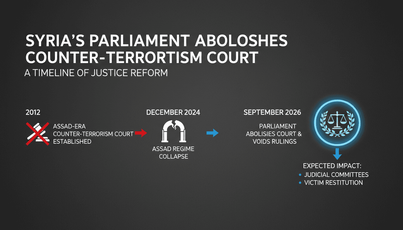 Infographic showing the timeline of Syria's Counter-Terrorism Court and its abolition, highlighting the impact on victims.