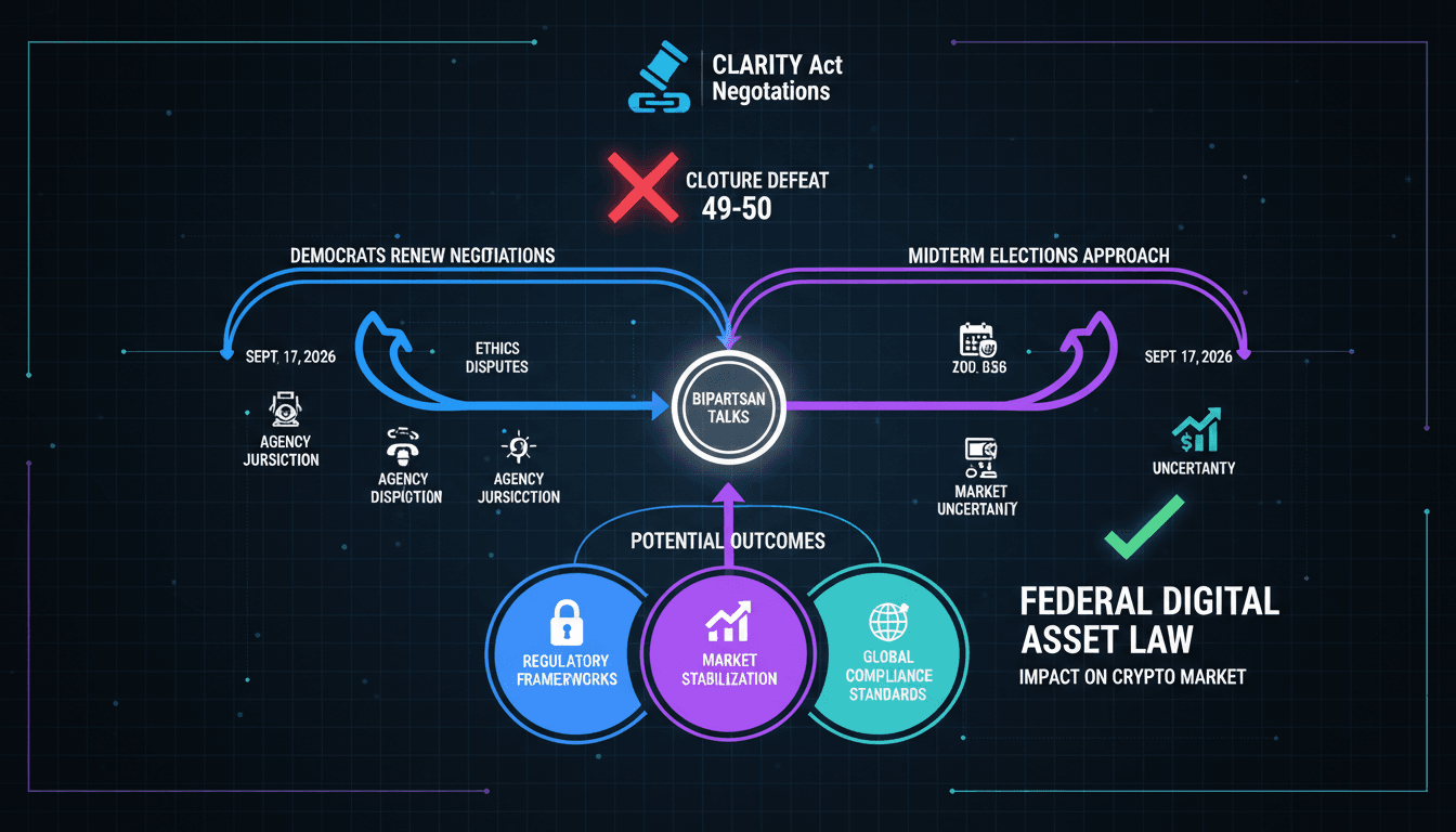 Infographic showing the CLARITY Act negotiations and their impact on crypto regulations.
