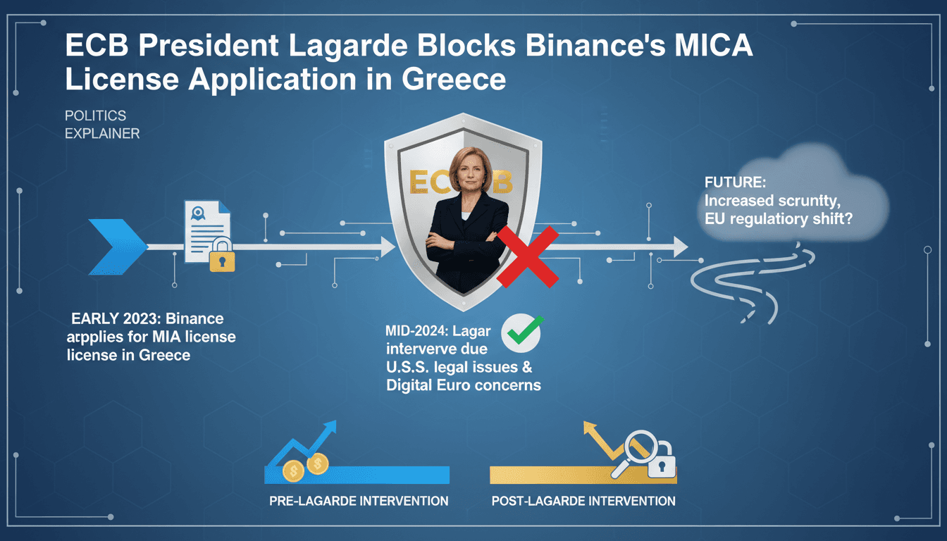 Infographic showing the timeline of Binance's MiCA application and regulatory intervention by Christine Lagarde.