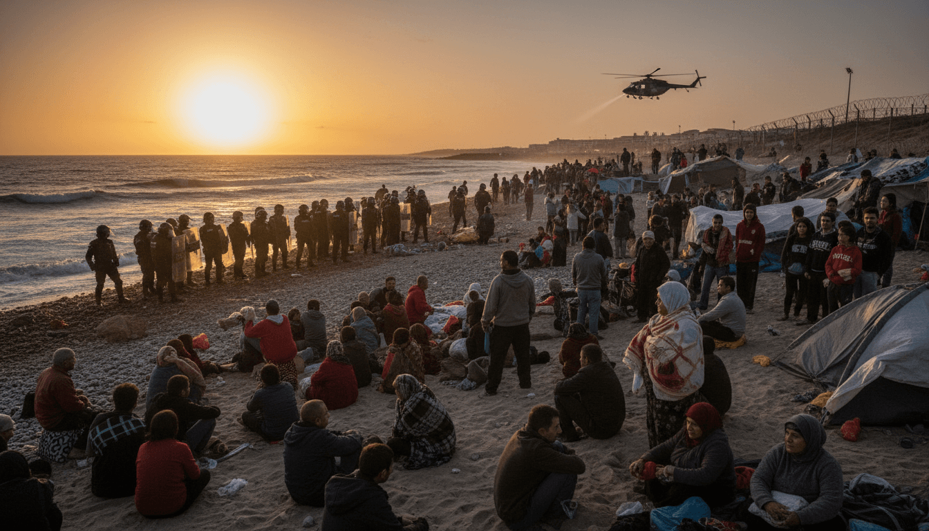 Spanish police operation in Ceuta addressing migrant encampments on beaches.