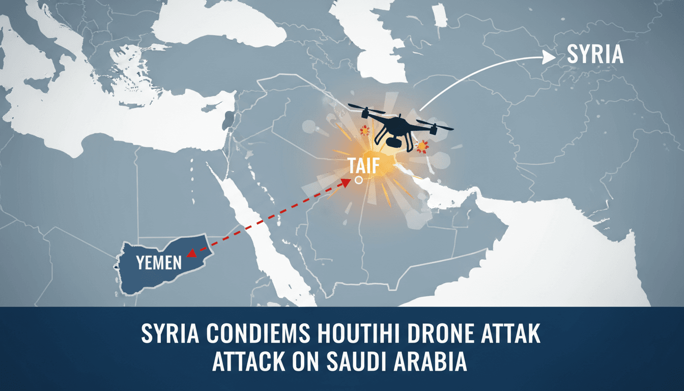 Map of Gulf region highlighting Taif, Saudi Arabia, with drone imagery symbolizing the recent attack.