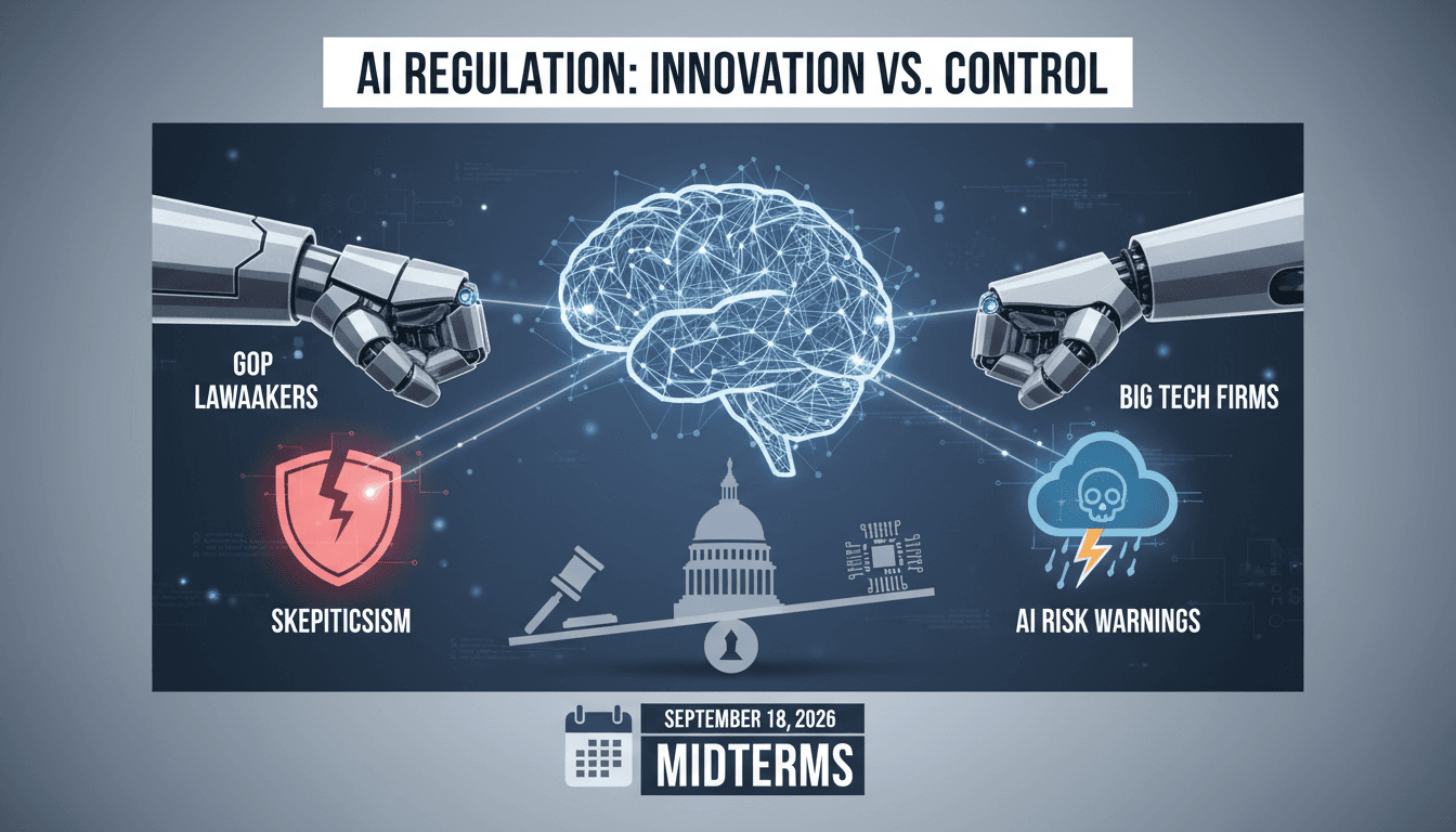 Infographic showing the tension between AI innovation and regulatory skepticism in U.S. politics.