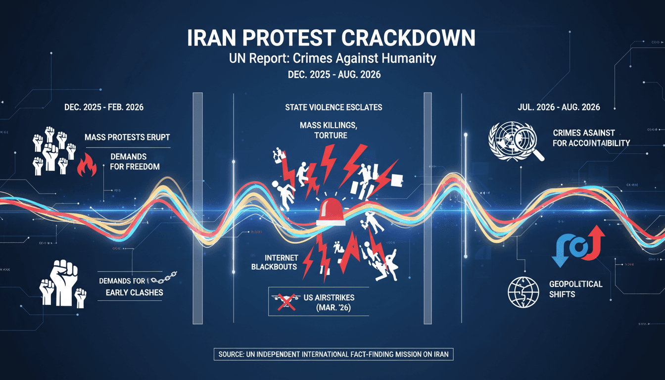 Infographic showing timeline of Iran's protests and international responses, highlighting crimes against humanity.