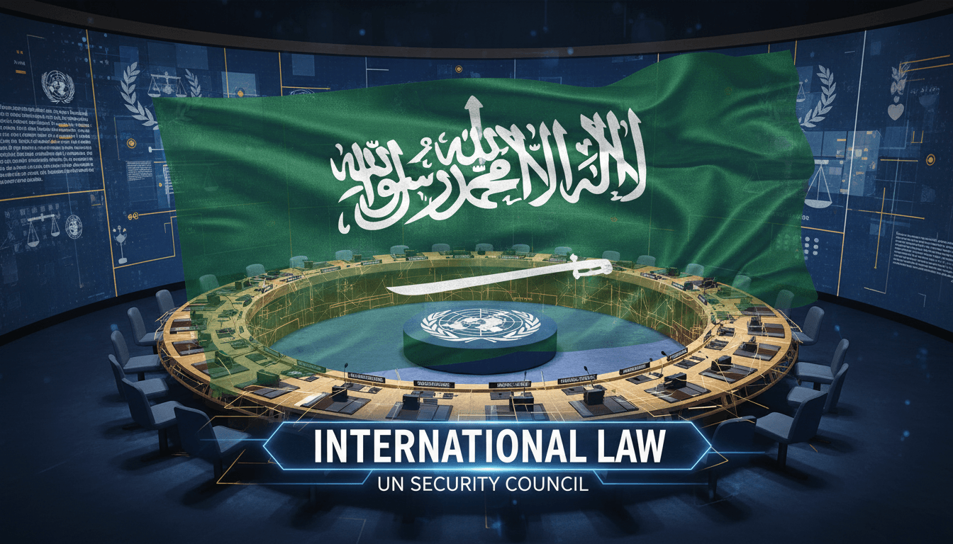 Saudi Arabia's flag in front of the UN Security Council, symbolizing commitment to international law.