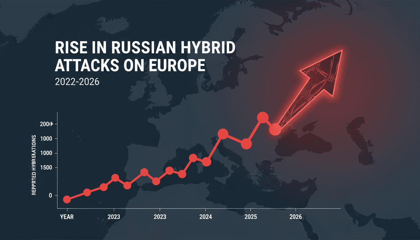 Infographic illustrating the rise of Russian hybrid attacks in Europe since 2022.