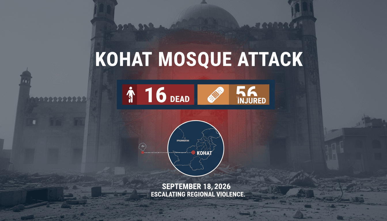 A map highlighting the location of the suicide bombing at a mosque in Kohat, Pakistan, with casualty figures.