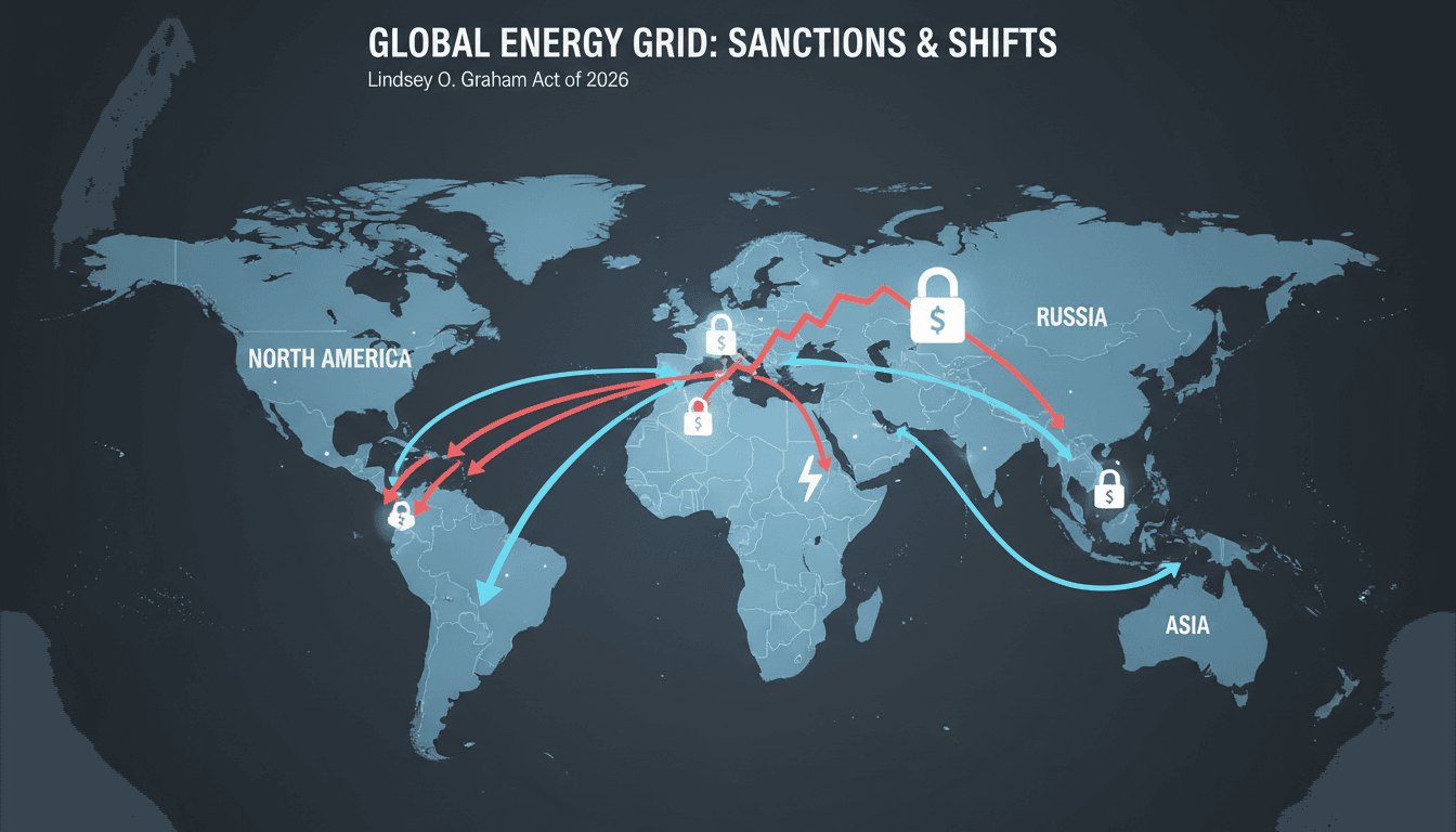 Infographic showing energy trade routes affected by the Lindsey O. Graham Sanctioning Act and its impact on global markets.