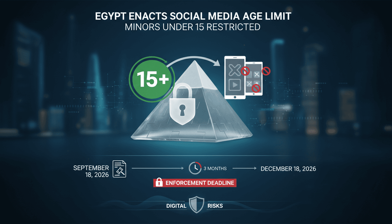 Infographic showing Egypt's new social media regulations for children under 15, highlighting age restrictions and compliance timelines.