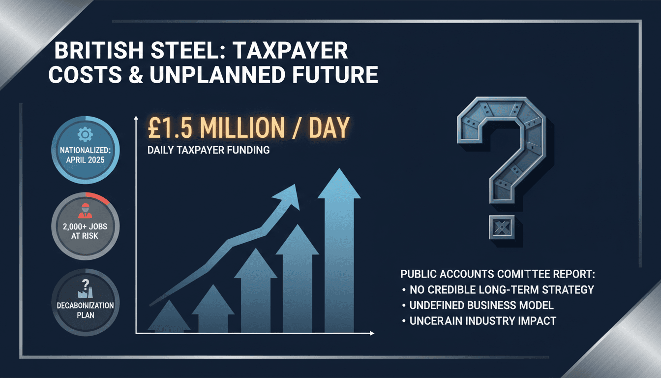 Infographic showing British Steel's daily taxpayer funding and key statistics from the Public Accounts Committee report.
