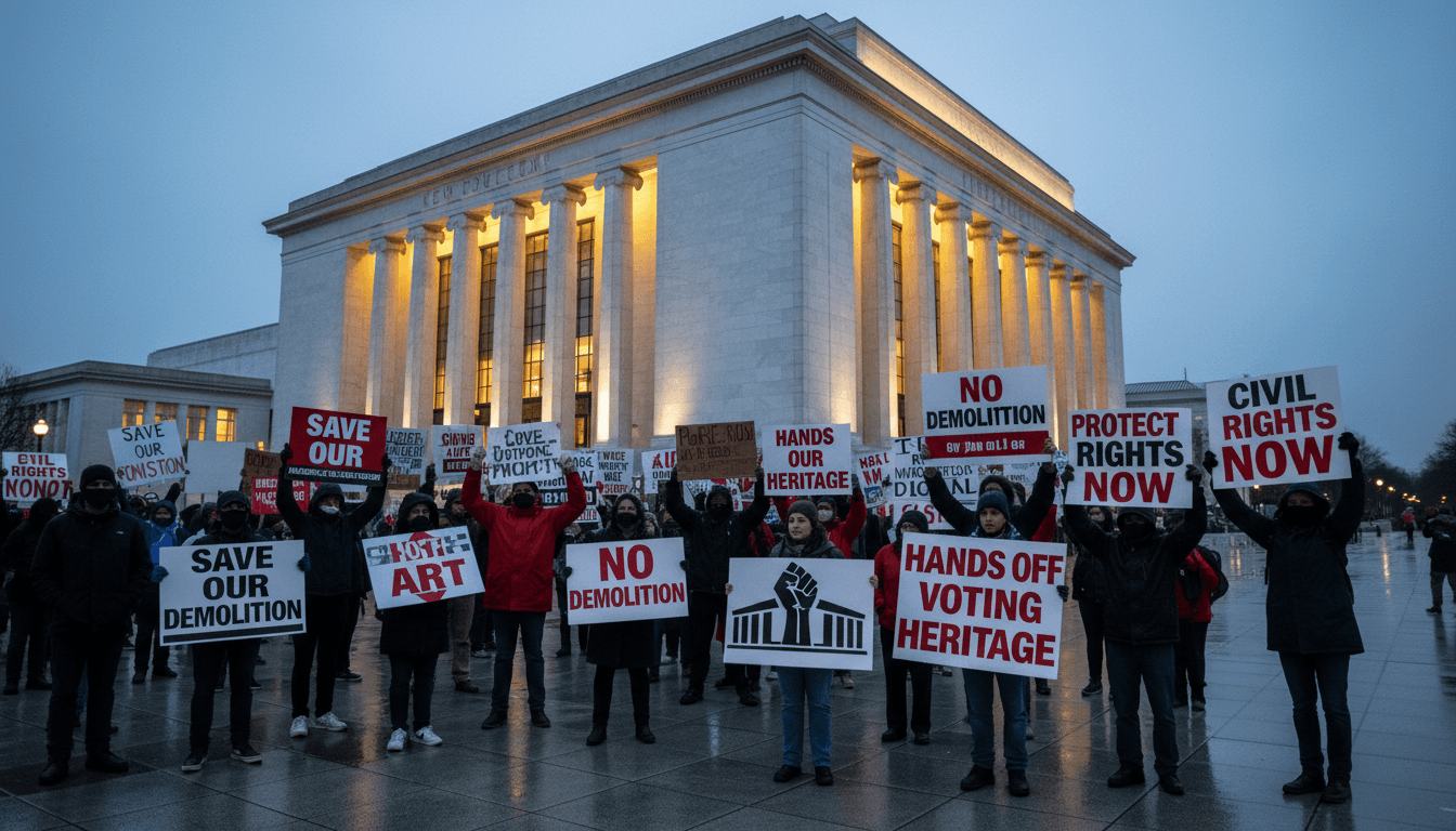 A bold image of the Kennedy Center with protest signs highlighting cultural preservation and civil rights issues.