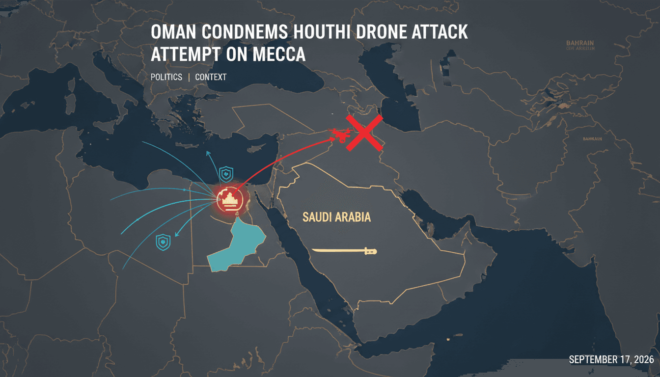 Map of the Gulf region highlighting Mecca and areas of conflict related to the Houthi drone attack.