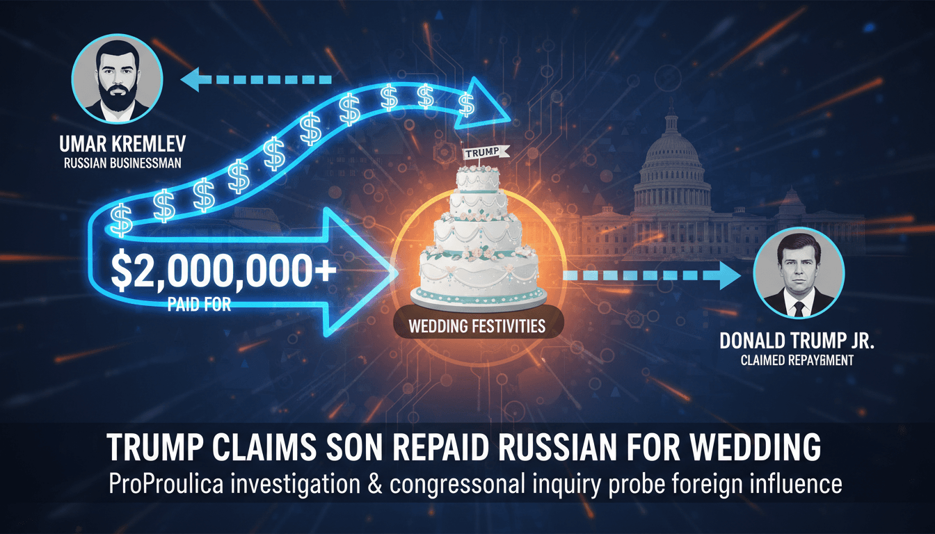 A graphic illustrating the financial connection between Trump Jr. and a Russian businessman regarding wedding expenses.