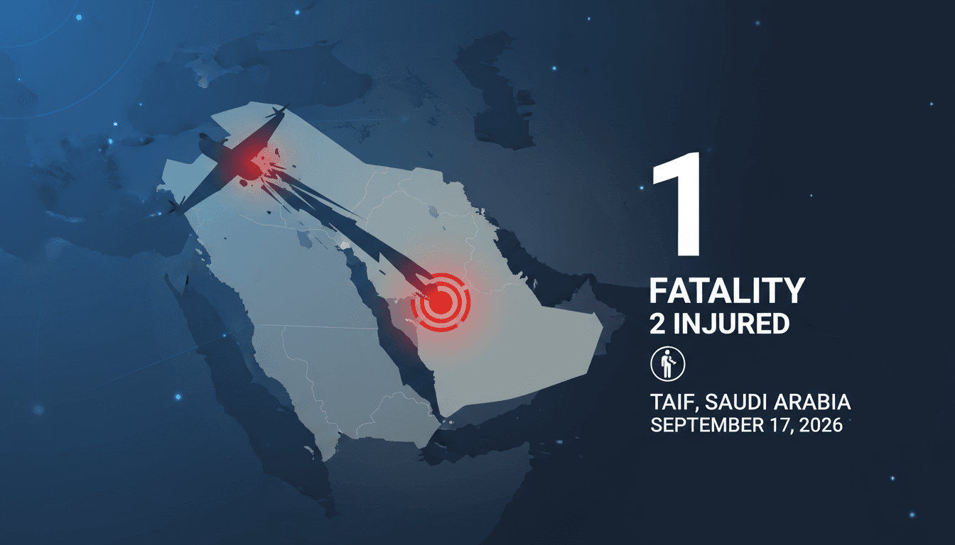 Map of Taif, Saudi Arabia, highlighting the site of the Houthi drone debris incident with casualty details.